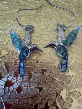 Hummingbird Inlay Drop Earrings - Teal & Blue
